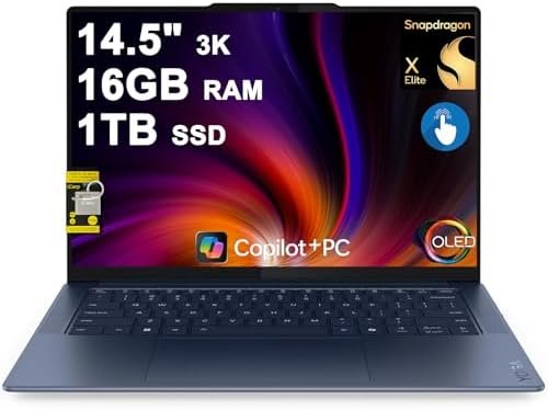 Lenovo Yoga Slim 7 Laptop 14.5″ 3K OLED Touch (100% DCI-P3 1000nits HDR Peak) Qualcomm 12-core Snapdragon X Elite (Up to 45 Tops) 16GB RAM 1TB SSD for Creator Business Work Win11 ICP Hub
